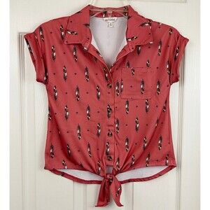 SELF ESTEEM - Faded Rose Tribal Feather Print Short Cap Sleeve Knit Blouse Top S
